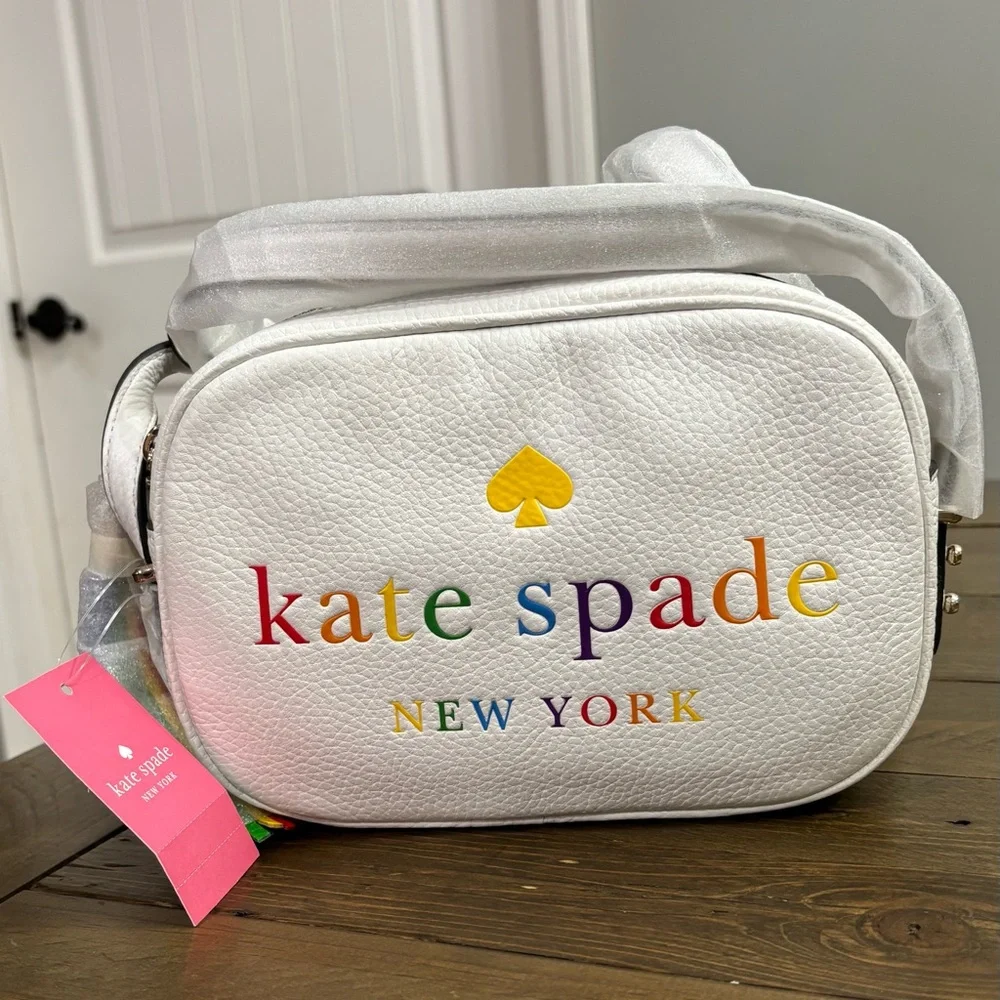 Kate Spade Kourtney Rainbow Logo Camera Bag in White Pebbled Leather NWT